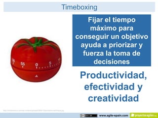 Timeboxing
                                                                                Fijar el tiempo
                                                                                máximo para
                                                                            conseguir un objetivo
                                                                             ayuda a priorizar y
                                                                              fuerza la toma de
                                                                                  decisiones

                                                                             Productividad,
                                                                              efectividad y
                                                                               creatividad
http://mindshortcut.com/wp-content/uploads/2008/10/pomodoro-technique.jpg


                                                                                  www.agile-spain.com
 