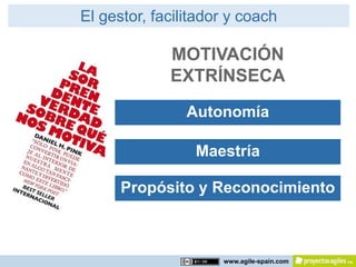 El gestor, facilitador y coach

             MOTIVACIÓN
             EXTRÍNSECA
                Autonomía

                 Maestría

      Propósito y Reconocimiento



                     www.agile-spain.com
 