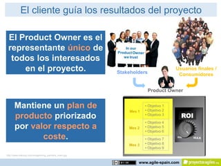 El cliente guía los resultados del proyecto

 El Product Owner es el
 representante único de
  todos los interesados
     en el proyecto.                                  Stakeholders
                                                                                 Usuarios finales /
                                                                                  Consumidores


                                                                     Product Owner


      Mantiene un plan de                                         • Objetivo 1
                                                                  • Objetivo 2
                                                          Mes 1
      producto priorizado                                         • Objetivo 3
                                                                                    ROI
                                                                  • Objetivo 4
      por valor respecto a                                Mes 2   • Objetivo 5
                                                                  • Objetivo 6
             coste.                                               • Objetivo 7
                                                          Mes 3   • Objetivo 8
                                                                  • Objetivo 9
http://www.rdacorp.com/images/img_partners_main.jpg


                                                              www.agile-spain.com
 
