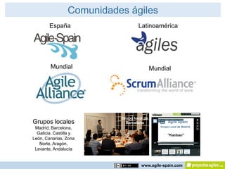 Comunidades ágiles
        España                     Latinoamérica




         Mundial                            Mundial




                           Grupo local de
Grupos locales               Barcelona
 Madrid, Barcelona,
  Galicia, Castilla y
León, Canarias, Zona
   Norte, Aragón,
 Levante, Andalucía


                                     www.agile-spain.com
 
