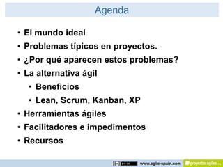 Agenda

• El mundo ideal
• Problemas típicos en proyectos.
• ¿Por qué aparecen estos problemas?
• La alternativa ágil
  • ...