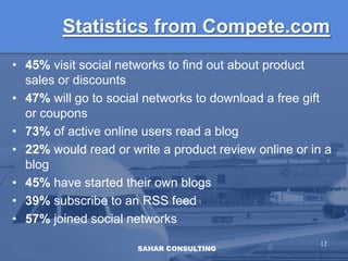 Statistics from Compete.com45% visit social networks to find out about product sales or discounts47% will go to social networks to download a free gift or coupons73% of active online users read a blog22% would read or write a product review online or in a blog45% have started their own blogs 39% subscribe to an RSS feed57% joined social networks12SAHAR CONSULTING
