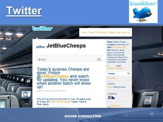 FacebookFacebook is the 5th most popular site among social networks110 million active users #1 photo-sharing site6 million active groupsThe highest ranking Fan pages are: Obama, Nutella, Dr. House and TwilightBusiness pages exist/ads23SAHAR CONSULTING