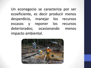 Un econegocio se caracteriza por ser
ecoeficiente, es decir producir menos
desperdicio, manejar los recursos
escasos y reponer los recursos
deteriorados; ocasionando menos
impacto ambiental.