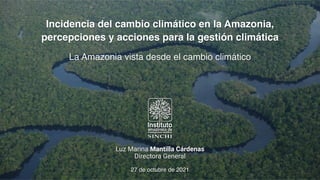 27 de octubre de 2021
Luz Marina Mantilla Cárdenas
Directora General
Incidencia del cambio climático en la Amazonia
,

percepciones y acciones para la gestión climática
La Amazonia vista desde el cambio climático
 