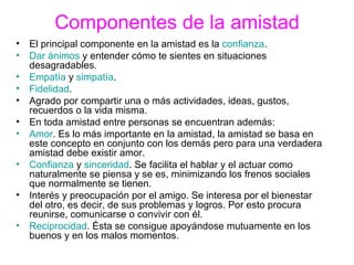Componentes de la amistad El principal componente en la amistad es la  confianza .  Dar ánimos  y entender cómo te sientes en situaciones desagradables.  Empatía  y  simpatía .  Fidelidad .  Agrado por compartir una o más actividades, ideas, gustos, recuerdos o la vida misma.  En toda amistad entre personas se encuentran además: Amor . Es lo más importante en la amistad, la amistad se basa en este concepto en conjunto con los demás pero para una verdadera amistad debe existir amor.  Confianza  y  sinceridad . Se facilita el hablar y el actuar como naturalmente se piensa y se es, minimizando los frenos sociales que normalmente se tienen.  Interés y preocupación por el amigo. Se interesa por el bienestar del otro, es decir, de sus problemas y logros. Por esto procura reunirse, comunicarse o convivir con él.  Reciprocidad . Ésta se consigue apoyándose mutuamente en los buenos y en los malos momentos. 
