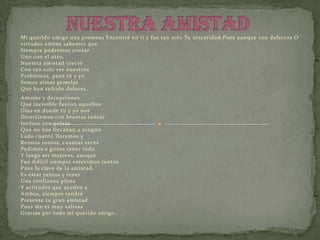 Mi querido amigo una promesa Encontré en ti y fue tan solo Tu sinceridad,Pues aunque con defectos O
virtudes ambos sabemos que
Siempre podremos contar
Uno con el otro,
Nuestra amistad creció
Con tan solo ver nuestros
Problemas, pues tú y yo
Somos almas gemelas
Que han sufrido dolores,
Amores y decepciones
Que increíble fueron aquellos
Días en donde tu y yo nos
Divertíamos con bromas tontas
Incluso con peleas
Que no nos llevaban a ningún
L ado cuanto lloramos y
Reímos juntos, cuantas veces
Pedimos a gritos tener todo
Y luego ser mejores, aunque
Fue difícil siempre estuvimos juntos
Pues la clave de la amistad,
Es estar juntos y tener
Una confianza plena
Y actitudes que ayuden a
Ambos, siempre tendré
Presente tu gran amistad
Pues me es muy valiosa
Gracias por todo mí querido amigo…
 