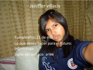 Jeniffer villacis




Cumpleaños:21 de marzo
Lo que desea hacer para el futuro:
odontologa
Signo del zodiaco: aries
 