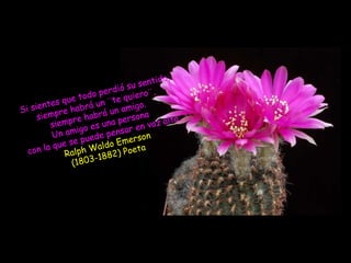 do,
                               su  senti
                    do p erdió ero¨,
         es q ue to un ¨te qui
Si sient e habrá           un amigo
                                     .
           r
     siemp pre habrá persona                 lt a .
         siem        es  una      en   voz a
         Un  amigo e pensar n
                     ed             o
          que  se pu ldo Emers
   on la               a            a
  c          R alph W 882) Poet
                      -1
                (1803
 