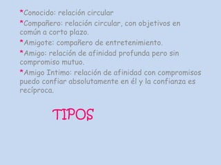 TIPOS
*Conocido: relación circular
*Compañero: relación circular, con objetivos en
común a corto plazo.
*Amigote: compañero de entretenimiento.
*Amigo: relación de afinidad profunda pero sin
compromiso mutuo.
*Amigo Intimo: relación de afinidad con compromisos
puedo confiar absolutamente en él y la confianza es
recíproca.
 