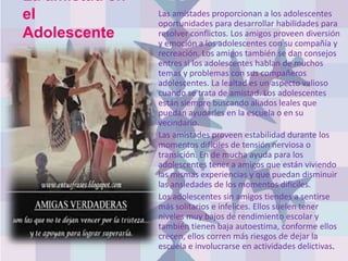 La amistad en
el
Adolescente
Las amistades proporcionan a los adolescentes
oportunidades para desarrollar habilidades para
resolver conflictos. Los amigos proveen diversión
y emoción a los adolescentes con su compañía y
recreación. Los amigos también se dan consejos
entres si los adolescentes hablan de muchos
temas y problemas con sus compañeros
adolescentes. La lealtad es un aspecto valioso
cuando se trata de amistad. Los adolescentes
están siempre buscando aliados leales que
puedan ayudarles en la escuela o en su
vecindario.
Las amistades proveen estabilidad durante los
momentos difíciles de tensión nerviosa o
transición. En de mucha ayuda para los
adolescentes tener a amigos que están viviendo
las mismas experiencias y que puedan disminuir
las ansiedades de los momentos difíciles.
Los adolescentes sin amigos tiendes a sentirse
más solitarios e infelices. Ellos suelen tener
niveles muy bajos de rendimiento escolar y
también tienen baja autoestima, conforme ellos
crecen, ellos corren más riesgos de dejar la
escuela e involucrarse en actividades delictivas.
 