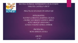 ESCUELA NORMAL EXPERIMENTA DE EL FUERTE
“MIGUEL CASTILLO CRUZ”
PRACTICAS SOCIALES DE LENGUAJE
INTEGRANTES:
EGUINO CORDOVA MARTHA CECILIA
OSORIO ALVARADO GLENDA ARELY
SOTO ARAUJO ANAYANCI
LOAIZA VALDEZ ADIELA ANIRAK
PROFESORA:
ROSA IMELDA AYALA
GRUPO:
2 “A”
 