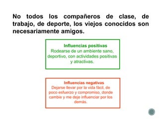 Influencias negativas
Dejarse llevar por la vida fácil, de
poco esfuerzo y compromiso, donde
cambie y me deje influenciar por los
demás.
Influencias positivas
Rodearse de un ambiente sano,
deportivo, con actividades positivas
y atractivas.
No todos los compañeros de clase, de
trabajo, de deporte, los viejos conocidos son
necesariamente amigos.
 