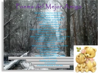 Poema del Mejor Amigo
Gracias por todos los momentos
que hemos compartido
momentos llenos de sentimientos
y pensamientos compartidos,
sueños y anhelos,
secretos, risas y lágrimas,
y sobre todo, amistad.
Cada preciado segundo quedará atesorado
eternamente en mi corazón.
Gracias por dedicarme tiempo
tiempo para demostrar tu preocupación por mí,
tiempo para escuchar mis problemas
y ayudarme a buscarles solución,
y sobre todo,
tiempo para sonreír y mostrarme tu afecto.
Gracias por ser lo que eres
una persona maravillosa.
Pude contar contigo
cuando necesitaba en quien confiar
y pedir consejo.
Gracias a ti comencé
a conocerme
e incluso a apreciar lo que soy.
 