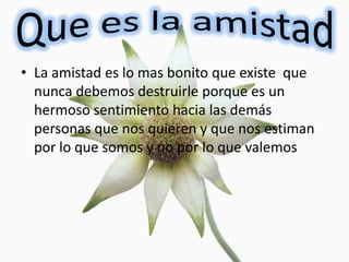 • La amistad es lo mas bonito que existe que
  nunca debemos destruirle porque es un
  hermoso sentimiento hacia las demás
  personas que nos quieren y que nos estiman
  por lo que somos y no por lo que valemos
 