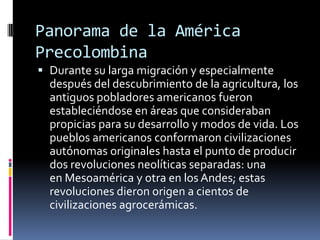 Panorama de la América PrecolombinaDurante su larga migración y especialmente después del descubrimiento de la agricultura, los antiguos pobladores americanos fueron estableciéndose en áreas que consideraban propicias para su desarrollo y modos de vida. Los pueblos americanos conformaron civilizaciones autónomas originales hasta el punto de producir dos revoluciones neolíticas separadas: una en Mesoamérica y otra en los Andes; estas revoluciones dieron origen a cientos de civilizaciones agrocerámicas.