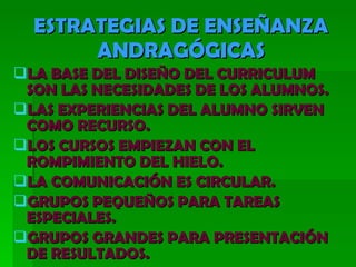 ESTRATEGIAS DE ENSEÑANZA ANDRAGÓGICAS LA BASE DEL DISEÑO DEL CURRICULUM SON LAS NECESIDADES DE LOS ALUMNOS. LAS EXPERIENCIAS DEL ALUMNO SIRVEN COMO RECURSO. LOS CURSOS EMPIEZAN CON EL ROMPIMIENTO DEL HIELO. LA COMUNICACIÓN ES CIRCULAR. GRUPOS PEQUEÑOS PARA TAREAS ESPECIALES. GRUPOS GRANDES PARA PRESENTACIÓN DE RESULTADOS. 