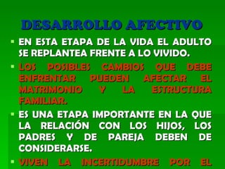 DESARROLLO AFECTIVO   EN ESTA ETAPA DE LA VIDA EL ADULTO SE REPLANTEA FRENTE A LO VIVIDO.  LOS POSIBLES CAMBIOS QUE DEBE ENFRENTAR PUEDEN AFECTAR EL MATRIMONIO Y LA ESTRUCTURA FAMILIAR.   ES UNA ETAPA IMPORTANTE EN LA QUE LA RELACIÓN CON LOS HIJOS, LOS PADRES Y DE PAREJA DEBEN DE CONSIDERARSE. VIVEN LA INCERTIDUMBRE POR EL FUTURO Y LA VEJEZ. 