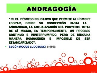 ANDRAGOGÍA
  “ ES EL PROCESO EDUCATIVO QUE PERMITE AL HOMBRE
  LOGRAR, DESDE SU CONCEPCIÓN HASTA LA
  ANCIANIDAD, LA ACTUALIZACIÓN DEL PROYECTO TOTAL
  DE SÍ MISMO, ES TEMPORALMENTE, UN PROCESO
  CONTINUO E ININTERRUMPIDO, PERO DE NINGUNA
  MANERA HOMOGÉNEO E IMPOSIBLE DE SER
  ESTANDARIZADO”.
 SEGÚN ROQUE LUDOJOSKI, (1986):
 