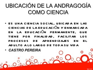 UBICACIÓN DE LA ANDRAGOGÍA
       COMO CIENCIA
• E S U N A C IE N C IA S O C IAL, U BIC AD A E N LAS
  C IE N C IAS D E LA E D U C AC IÓN Y E N M AR C AD A
  E N LA E D U C AC IÓN P E R M AN E N TE , Q U E
  TIE N E P O R F IN ALID AD , F AC ILITAR LO S
  P R O C E S O S D E AP R E N D IZAJE S E N E L
  AD U LTO A LO LAR G O D E TO D A S U VID A
• CASTRO PEREIRA
 