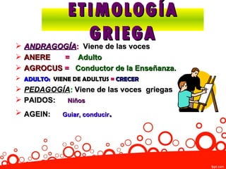 ETIMOLOGÍA

              GRIEGA
  ANDRAGOGÍA: Viene de las voces
 ANERE      = Adulto
 AGROCUS = Conductor de la Enseñanza.
 ADULTO: VIENE DE ADULTUS = CRECER
 PEDAGOGÍA: Viene de las voces griegas
 PAIDOS:     Niños

 AGEIN:                 .
           Guiar, conducir
 