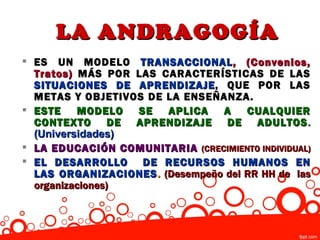 LA ANDRAGOGÍA
 ES UN MODELO TRANSACCIONAL , (Convenios,
  Tratos) MÁS POR LAS CARACTERÍSTICAS DE LAS
  SITUACIONES DE APRENDIZAJE , QUE POR LAS
  METAS Y OBJETIVOS DE LA ENSEÑANZA.
 ESTE    MODELO    SE  APLICA   A    CUALQUIER
  CONTEXTO       DE APRENDIZAJE   DE    ADULTOS .
  (Universidades)
 LA EDUCACIÓN COMUNITARIA (CRECIMIENTO INDIVIDUAL)
 EL DESARROLLO DE RECURSOS HUMANOS EN
  LAS ORGANIZACIONES . (Desempeño del RR HH de las
  organizaciones)
 