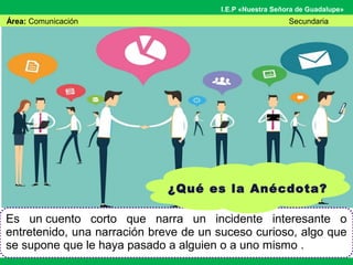 Área: Comunicación Secundaria
I.E.P «Nuestra Señora de Guadalupe»
Es un cuento corto que narra un incidente interesante o
entretenido, una narración breve de un suceso curioso, algo que
se supone que le haya pasado a alguien o a uno mismo .
¿Qué es la Anécdota?