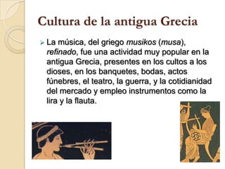 De los quince a los dieciochos años ingresaban en la palestra, que era una de centro educativo donde se combinaba la gimnasia, el entrenamiento militar, las artes y los conceptos básicos de ciencias naturales.Cultura de la antigua GreciaLa llamada educación superior, se impartía en la Academia, jardín público en las afueras de Atenas, en el que el filósofo griego Platón instruía a sus seguidores a través de un método informal, que consistía en dialogar en forma de preguntas-respuestas y así se iba desarrollando un determinado tema.Cultura de la antigua GreciaLa vida cotidiana estaba relacionada con el teatro, que apareció en la fiestas populares de las zonas rurales de la antigua Grecia con actos espontáneos.