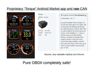 Proprietary “Torque” Android Market app and raw CAN




                       Source: very valuable mp3car.com forums



          Pure OBDII completely safe!
 