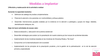 Medidas a implantar
2-Revisión y readecuación de la actividad a realizar
Aumentar la capacidad resolutiva:
 Definición de catálogo de pruebas complementarias
 Potenciar la atención a los pacientes con mutimorbilidad y enfoque paliativo
 Desarrollar intervenciones grupales avaladas por la evidencia en la atención a patologías y grupos de riesgo: diabetes,
deshabituación tabáquica, etc.
Dejar de hacer actividades de escaso valor:
o Desburocratización y adecuación de la práctica asistencial:
o Desarrollar estrategias para acabar con la parasitación de nuestro sistema por las mutuas de accidentes laborales
o Implementación de las iniciativas basadas en las iniciativas de Choosing Wisely y “No hacer”
o Compromiso con la desmedicalización de la sociedad
o Implementación de los principios de la prescripción prudente y de la gestión de la polimedicación en la red de atención
primaria y especializada
 