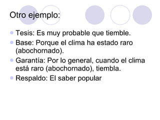 Otro ejemplo: Tesis: Es muy probable que tiemble. Base: Porque el clima ha estado raro (abochornado). Garantía: Por lo general, cuando el clima está raro (abochornado), tiembla. Respaldo: El saber popular   