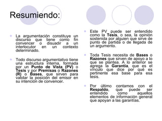 Resumiendo: La argumentación constituye un discurso que tiene como fin convencer o disuadir a un interlocutor en un contexto determinado. Todo discurso argumentativo tiene una estructura interna, formada por un  Punto de Vista (PV)  o  Tesis  y por  Premisas  o  Razones (R)  o  Bases , que sirven para validar la posición del emisor en su intención de convencer. Este PV puede ser entendido como la  Tesis , o sea, la opinión sostenida por alguien que sirve de punto de partida o de llegada de un argumento. Toda Tesis necesita de  Bases  o  Razones  que sirven de apoyo a lo que se plantea. A lo anterior se agrega la  Garantía , que es el vínculo que dice por qué es pertinente esa base para esa tesis. Por último contamos con el  Respaldo , que puede ser entendido como aquellos elementos de información general que apoyan a las garantías. 