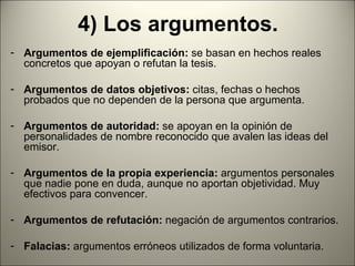 4) Los argumentos.
- Argumentos de ejemplificación: se basan en hechos reales
  concretos que apoyan o refutan la tesis.

- Argumentos de datos objetivos: citas, fechas o hechos
  probados que no dependen de la persona que argumenta.

- Argumentos de autoridad: se apoyan en la opinión de
  personalidades de nombre reconocido que avalen las ideas del
  emisor.

- Argumentos de la propia experiencia: argumentos personales
  que nadie pone en duda, aunque no aportan objetividad. Muy
  efectivos para convencer.

- Argumentos de refutación: negación de argumentos contrarios.

- Falacias: argumentos erróneos utilizados de forma voluntaria.
 