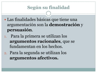 Según su finalidad

 Las finalidades básicas que tiene una
  argumentación son la demostración y
  persuasión.
1. Para la primera se utilizan los
   argumentos racionales, que se
   fundamentan en los hechos.
2. Para la segunda se utilizan los
   argumentos afectivos.
 