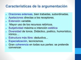 ■ Oraciones extensas, bien trabadas, subordinadas.
■ Apelaciones directas a los receptores.
■ Extensión variable.
■ Mayor uso de los recursos retóricos.
■ Subjetividad máxima e intención estética
■ Diversidad de tonos. Didáctico, poético, humorístico,
irónico…
■ Estructura más libre: deductiva...
■ Especialización, tecnicismos.
■ Gran coherencia en todas sus partes: se pretende
convencer.
Características de la argumentación
 