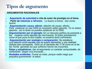 Tipos de argumento
ARGUMENTOS RACIONALES
■ Argumento de autoridad o cita de autor de prestigio en el tema.
■ Partir de máximas o refranes: Lo bueno si breve, dos veces
bueno.
■ Argumentación causa- efecto: relación de causa- efecto:
Para colaborar en esa ONG es necesario saber japonés. Tú no sabes
japonés, por lo tanto no puedes colaborar en la ONG.
■ Argumentación por el ejemplo: En un discurso político se presenta a
las mujeres como ejemplo de convivencia. Si todos actuásemos
como él que puso la otra mejilla, no existiría tanto sufrimiento.
■ Argumentación por analogía o comparación: Se establece
una relación entre aquello que se quiere demostrar y una realidad
distinta pero semejante. Tanto en el atentado del 11 M como en el de
las Torres gemelas los que sufrieron fueron los inocentes.
■ Datos y estadísticas: dan al argumento un carácter comprobable, de
verificación: Según una encuesta....
■ Verdades evidentes: Fumar es malo, porque nadie niega que
perjudica gravemente la salud.
 
