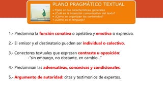 1.- Predomina la función conativa o apelativa y emotiva o expresiva.
2.- El emisor y el destinatario pueden ser individual o colectivo.
3.- Conectores textuales que expresan contraste u oposición:
-“sin embargo, no obstante, en cambio…”
4.- Predominan las adversativas, concesivas y condicionales.
5.- Argumento de autoridad: citas y testimonios de expertos.
 