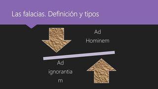 Las falacias. Definición y tipos
Ad
Hominem
Ad
ignorantia
m
 