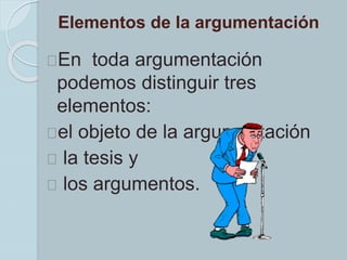 Elementos de la argumentación 
En toda argumentación 
podemos distinguir tres 
elementos: 
el objeto de la argumentación 
...
