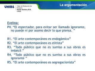 Nombre asignatura
Por: Nombre profesor(a)
UNIBE
La argumentaciónTaller de Redacción de
Ensayos
Héctor Santana, M.A.
UNIBE
Evelina:
PV. “El espectador, para evitar ser llamado ignorante,
no puede ni por asomo decir lo que piensa. ”
R1. “El arte contemporáneo es endogámico”
R2. “El arte contemporáneo es elitista”
R3. “Todo público que no es sumiso a sus obras es
imbécil ”
R4. “Todo público que no es sumiso a sus obras es
ignorante ”
R5. “El arte contemporáneo es segregacionista”
 