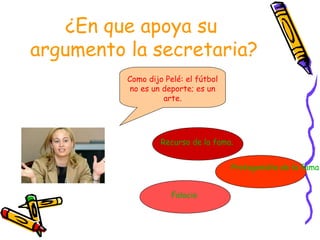 ¿En que apoya su
argumento la secretaria?
Como dijo Pelé: el fútbol
no es un deporte; es un
arte.
Recurso de la fama.
Protagonista de la fama
Falacia
 