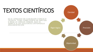 TEXTOS CIENTÍFICOS
ES EL LENGUAJE DE CUALQUIER CIENCIA O
TÉCNICA. TIENE COMO PUNTO DE PARTIDA
O BASE LA LENGUA COMÚN, QUE SE
SOMETE A LOS SIGUIENTES CRITERIOSLA
ARGUMENTACIÓN
Claridad
Precisión
Objetividad
Rigor lógico
 