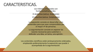 CARACTERISTICAS.
Los métodos empleados son
fundamentalmente dos:
El deductivo (estruc. Analizante)
El inductivo (estruc. Sintetizante)
La exposición consiste en desarrollar unos
contenidos para que sean comprendidos por
el mayor nº de personas.
La argumentación consiste en exponer las
razones necesarias para sustentar o
defender una idea, un tema, una opinión.
Los contenidos científicos están jerárquicamente ordenados,
empleando preferentemente la exposición que puede ir
acompañada de la argumentación.
 