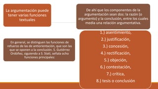 La argumentación puede
tener varias funciones
textuales
De ahí que los componentes de la
argumentación sean dos: la razón (o
argumento) y la conclusión, entre los cuales
media una relación argumentativa.
En general, se distinguen las funciones de
refuerzo de las de antiorientación, que son las
que se oponen a la conclusión. S. Gutiérrez
Ordóñez, siguiendo a S. Stati, señala ocho
funciones principales:
1.) asentimiento,
2.) justificación,
3.) concesión,
4.) rectificación,
5.) objeción,
6.) contestación,
7.) crítica,
8.) tesis o conclusión
 