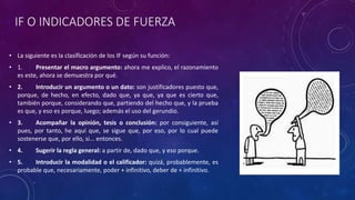IF O INDICADORES DE FUERZA
• La siguiente es la clasificación de los IF según su función:
• 1. Presentar el macro argumento: ahora me explico, el razonamiento
es este, ahora se demuestra por qué.
• 2. Introducir un argumento o un dato: son justificadores puesto que,
porque, de hecho, en efecto, dado que, ya que, ya que es cierto que,
también porque, considerando que, partiendo del hecho que, y la prueba
es que, y eso es porque, luego; además el uso del gerundio.
• 3. Acompañar la opinión, tesis o conclusión: por consiguiente, así
pues, por tanto, he aquí que, se sigue que, por eso, por lo cual puede
sostenerse que, por ello, si... entonces.
• 4. Sugerir la regla general: a partir de, dado que, y eso porque.
• 5. Introducir la modalidad o el calificador: quizá, probablemente, es
probable que, necesariamente, poder + infinitivo, deber de + infinitivo.
 