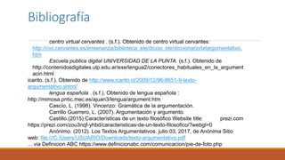 Bibliografía
centro virtual cervantes . (s.f.). Obtenido de centro virtual cervantes:
http://cvc.cervantes.es/ensenanza/biblioteca_ele/diccio_ele/diccionario/txtargumentativo.
htm
Escuela publica digital UNIVERSIDAD DE LA PUNTA. (s.f.). Obtenido de
http://contenidosdigitales.ulp.edu.ar/exe/lengua2/conectores_habituales_en_la_argument
acin.html
icarito. (s.f.). Obtenido de http://www.icarito.cl/2009/12/96-8651-9-texto-
argumentativo.shtml/
lengua española . (s.f.). Obtenido de lengua española :
http://mimosa.pntic.mec.es/ajuan3/lengua/argument.htm
Cascío, L. (1998). Vincenzo: Gramática de la argumentación.
Carrillo Guerrero, L. (2007). Argumentación y argumento.
Castillo.(2015).Características de un texto filosófico Website title: prezi.com
https://prezi.com/zou3nqf-yhbd/caracteristicas-de-un-texto-filosofico/?webgl=0
Anónimo. (2012). Los Textos Argumentativos. julio 03, 2017, de Anónima Sitio
web: file:///C:/Users/USUARIO/Downloads/texto-argumentativo.pdf
... via Definicion ABC https://www.definicionabc.com/comunicacion/pie-de-foto.php
 