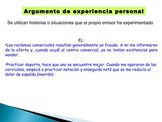 Argumento de experiencia personal
Se utilizan historias o situaciones que el propio emisor ha experimentado
Ej.:
•Los reclamos comerciales resultan generalmente un fraude. A mi me informaron
de la oferta y, cuando acudí al centro comercial, ya no tenían existencias para
vender.
•Practicar deporte, hace que uno se encuentre mejor. Cuando me operaron de las
cervicales, empecé a practicar natación y enseguida noté que se me reducía el
dolor de espalda (marrón)
 