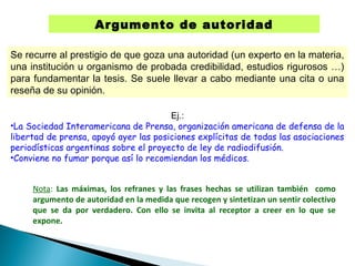 Argumento de autoridad
Se recurre al prestigio de que goza una autoridad (un experto en la materia,
una institución u organismo de probada credibilidad, estudios rigurosos …)
para fundamentar la tesis. Se suele llevar a cabo mediante una cita o una
reseña de su opinión.
Ej.:
•La Sociedad Interamericana de Prensa, organización americana de defensa de la
libertad de prensa, apoyó ayer las posiciones explícitas de todas las asociaciones
periodísticas argentinas sobre el proyecto de ley de radiodifusión.
•Conviene no fumar porque así lo recomiendan los médicos.
Nota: Las máximas, los refranes y las frases hechas se utilizan también como
argumento de autoridad en la medida que recogen y sintetizan un sentir colectivo
que se da por verdadero. Con ello se invita al receptor a creer en lo que se
expone.
 