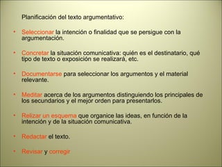 Planificación del texto argumentativo: Seleccionar  la intención o finalidad que se persigue con la argumentación. Concretar  la situación comunicativa: quién es el destinatario, qué tipo de texto o exposición se realizará, etc. Documentarse  para seleccionar los argumentos y el material relevante. Meditar  acerca de los argumentos distinguiendo los principales de los secundarios y el mejor orden para presentarlos. Relizar un esquema  que organice las ideas, en función de la intención y de la situación comunicativa. Redactar  el texto. Revisar  y  corregir 