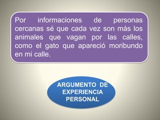 Por informaciones de personas
cercanas sé que cada vez son más los
animales que vagan por las calles,
como el gato que apareció moribundo
en mi calle.
ARGUMENTO DE
EXPERIENCIA
PERSONAL
 